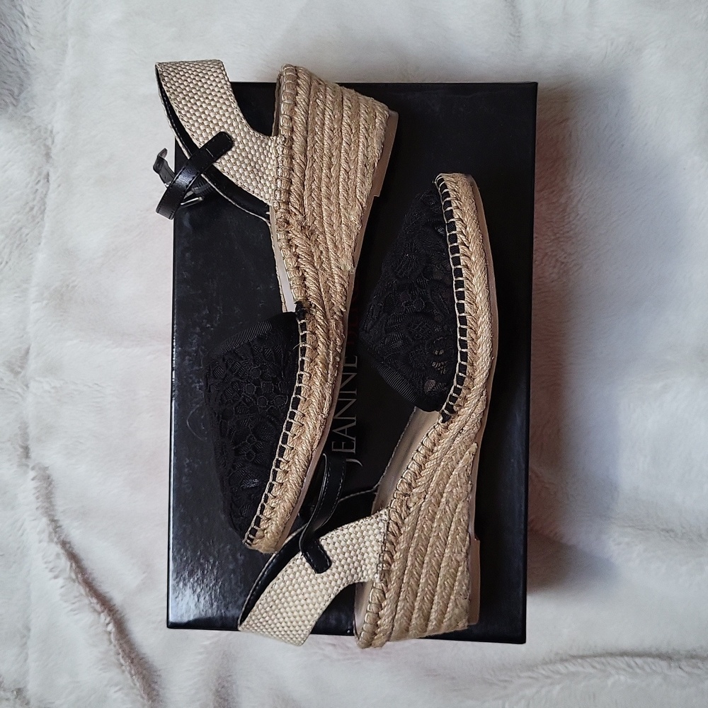 Jeanne Beker Black Lace Espadrille Wedges Size 8, New In Box